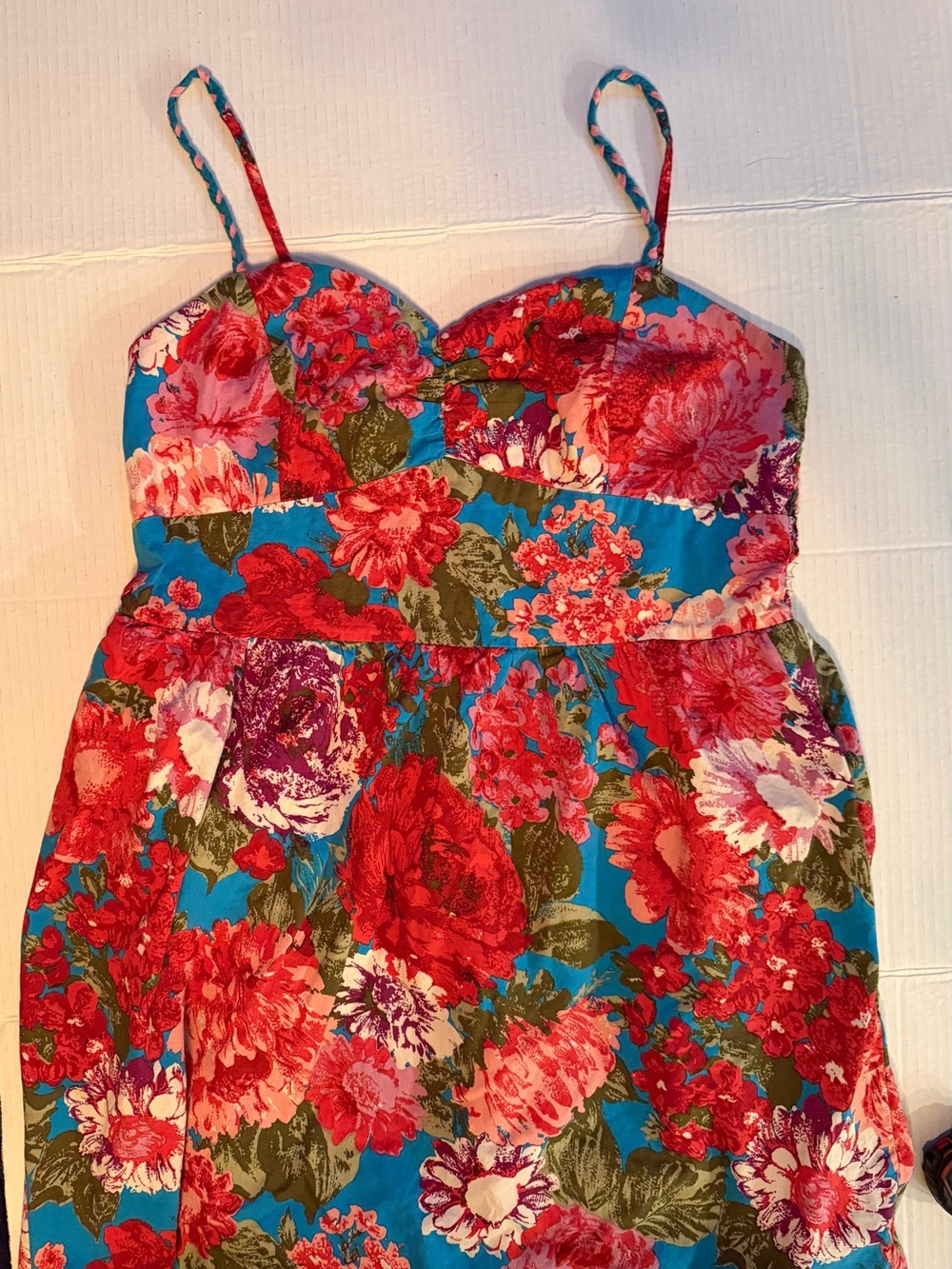 Xhilaration Turquoise Floral Mini Dress with Red & Pink Blooms